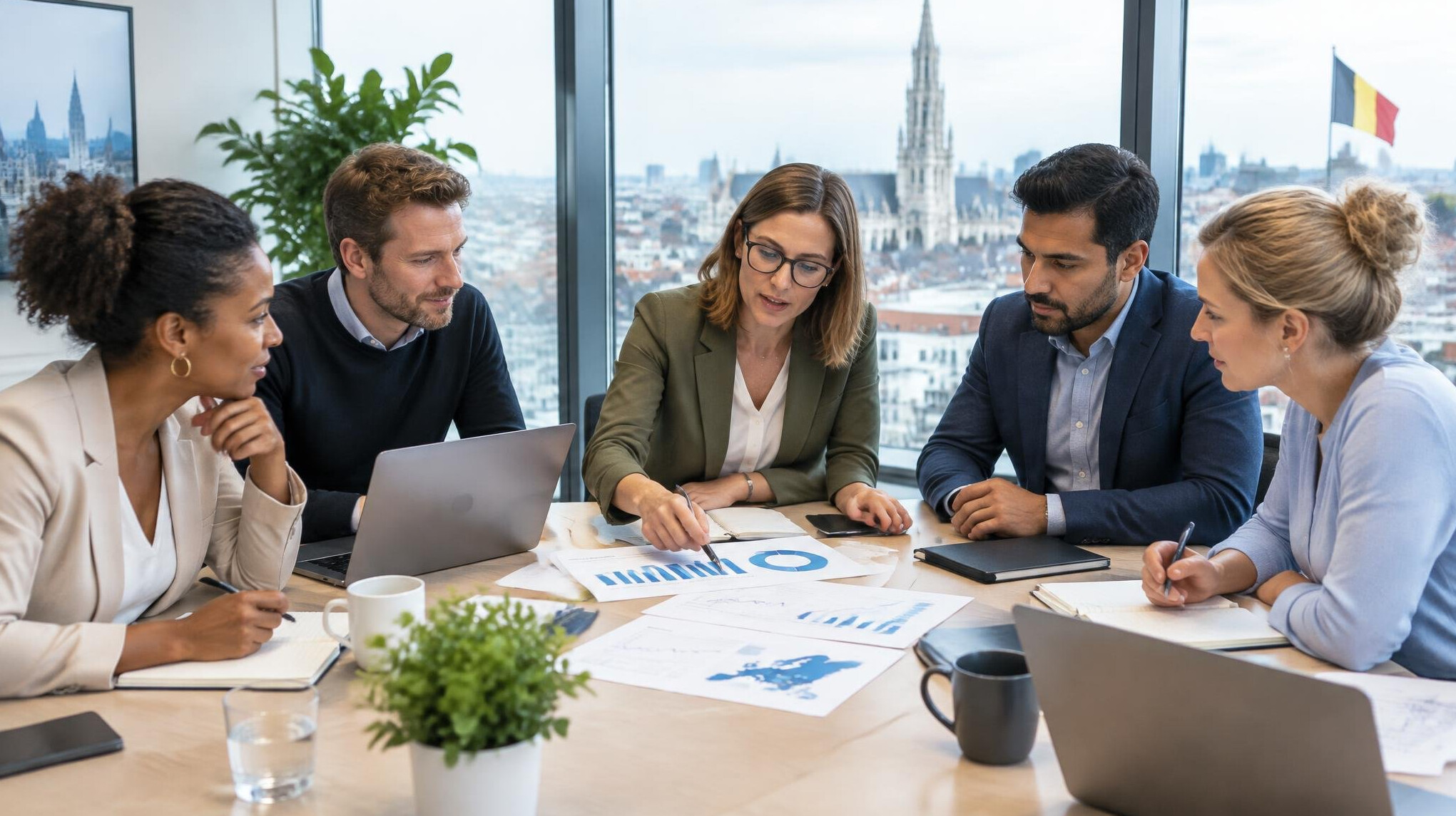 Business team discussing market strategy around a table