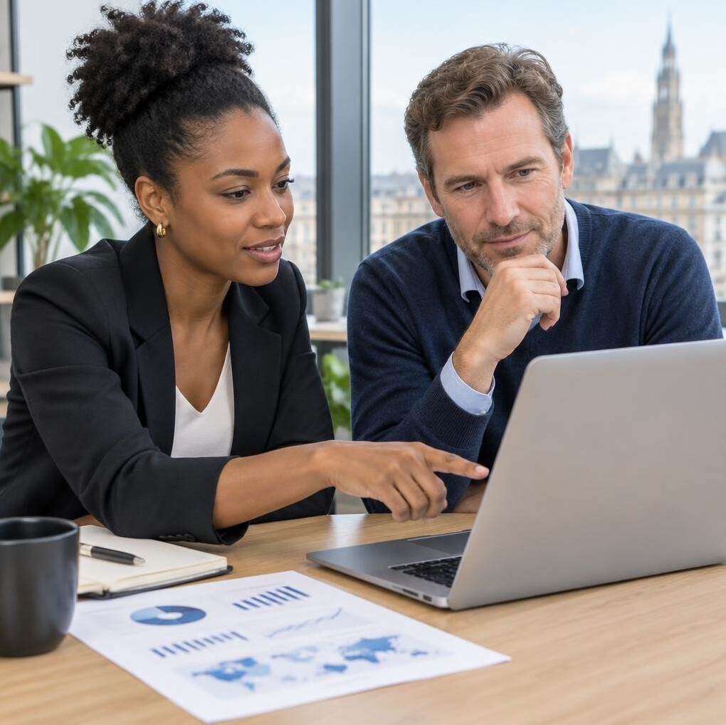 Consultants analyzing data on a laptop