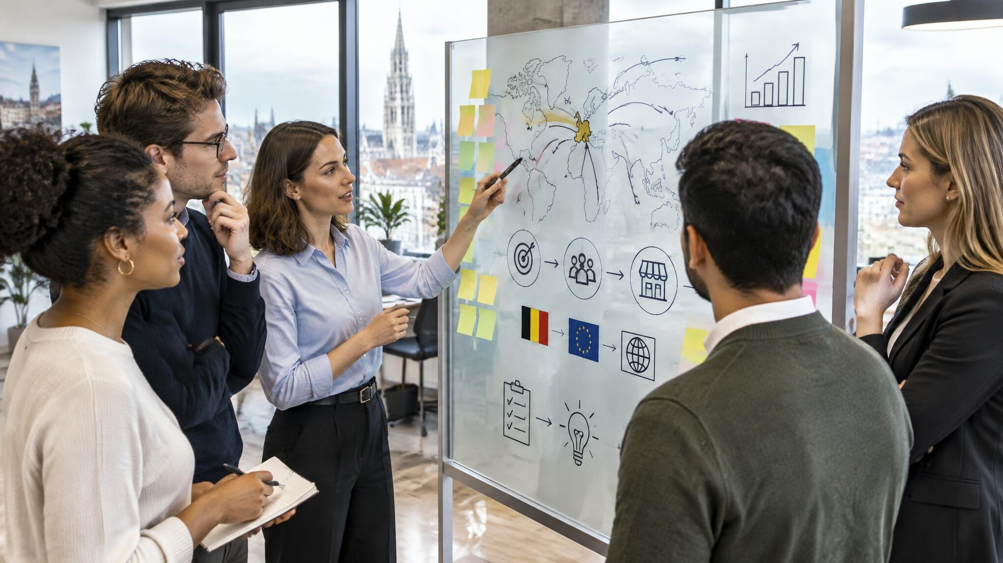 Team planning a market entry roadmap on a whiteboard